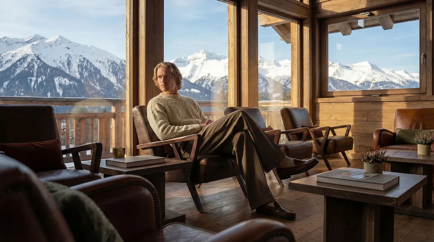 WOOL&CO najaarscampagne 2026 met gebreide trui in een berghut